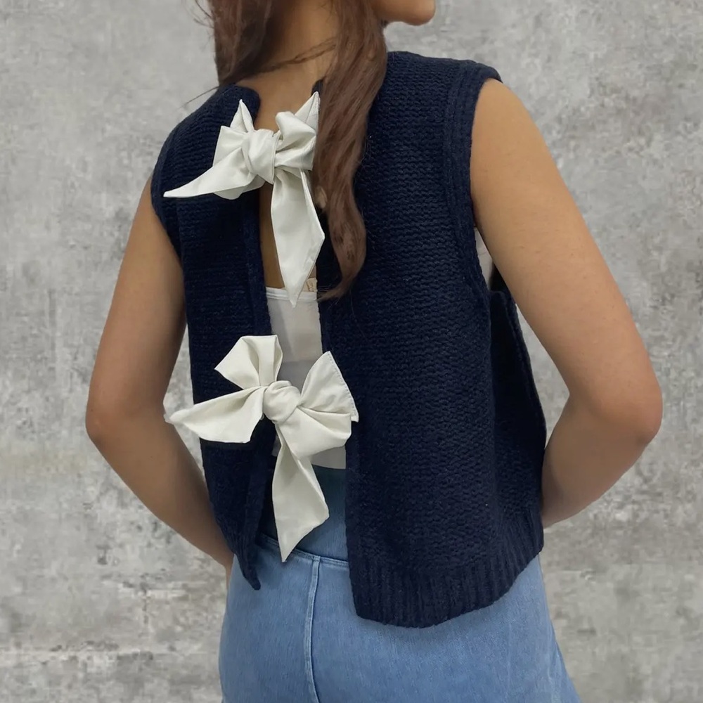 Navy Knit Vest with White Bow Accents